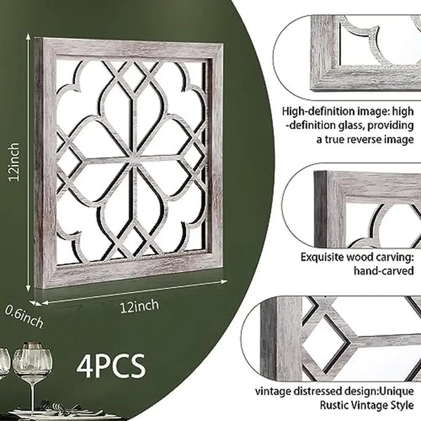 4-Pack Square White Decorative Mirrors Farmhouse Wall Decor 12x12 Inch