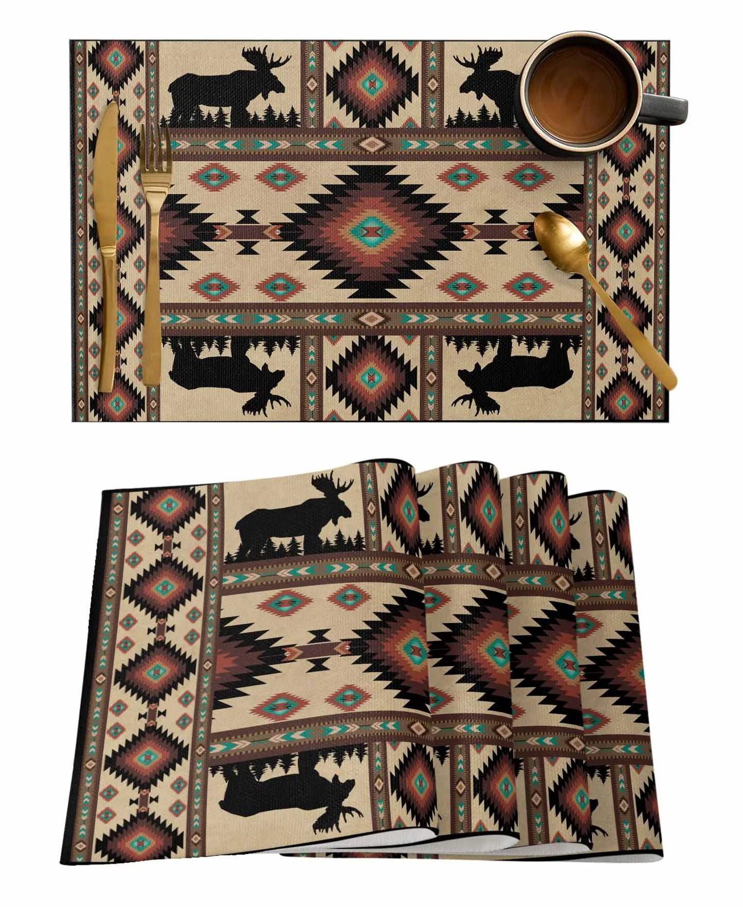 Autumn Forest Bear Deer Bohemian Geometric Retro Table Runner