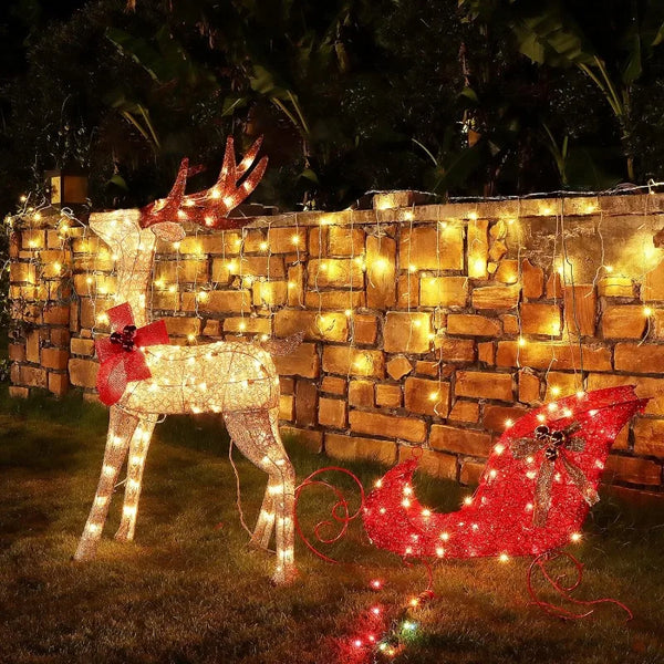 Christmas Yard Decoration, 4 FT120 LEDs Pre-lit 3D Reindeer & Sleigh Outdoor Decorations, Warm White Light Up Glittered Standing - jenshomeandgardendecor