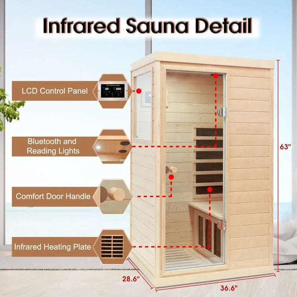 1 Person Far Infrared Sauna for Home, 2 Bluetooth Speakers, 1 LED Reading Lamp