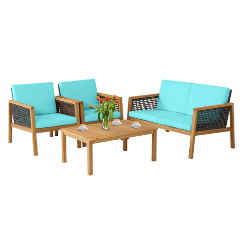 4PCS Patio Rattan Furniture Set Acacia Wood Cushioned Sofa Turquoise - jenshomeandgardendecor