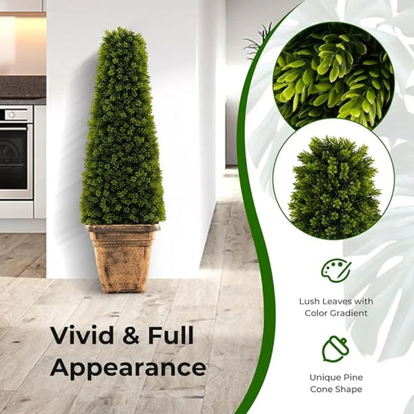 3ft Artificial Boxwood Topiary Tree, 2 Pack Cone-Shaped Faux Potted Plants with Cement Flowerpot