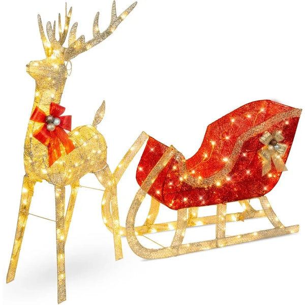 Lighted Christmas 4ft Reindeer & Sleigh Outdoor Yard Decoration Set w/ 205 LED Lights, Stakes, Zip Ties - Gold