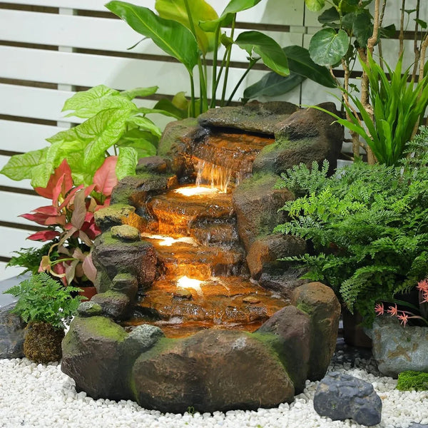 Garden outdoor fountain, floor standing layered rock outdoor fountain with LED lights and pump.