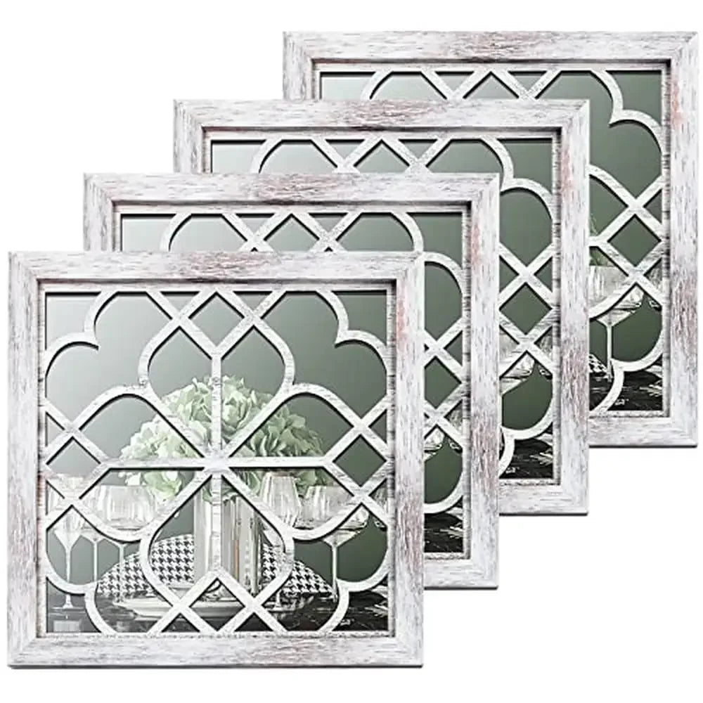 4-Pack Square White Decorative Mirrors Farmhouse Wall Decor 12x12 Inch