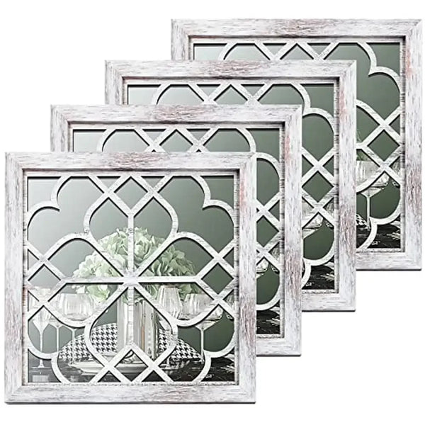 4-Pack Square White Decorative Mirrors Farmhouse Wall Decor 12x12 Inch