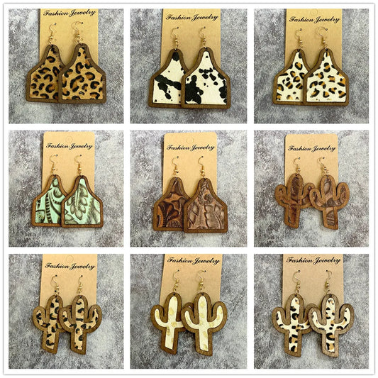 Laser Cut Wood Genuine Leather Dangle Earrings - jenshomeandgardendecor