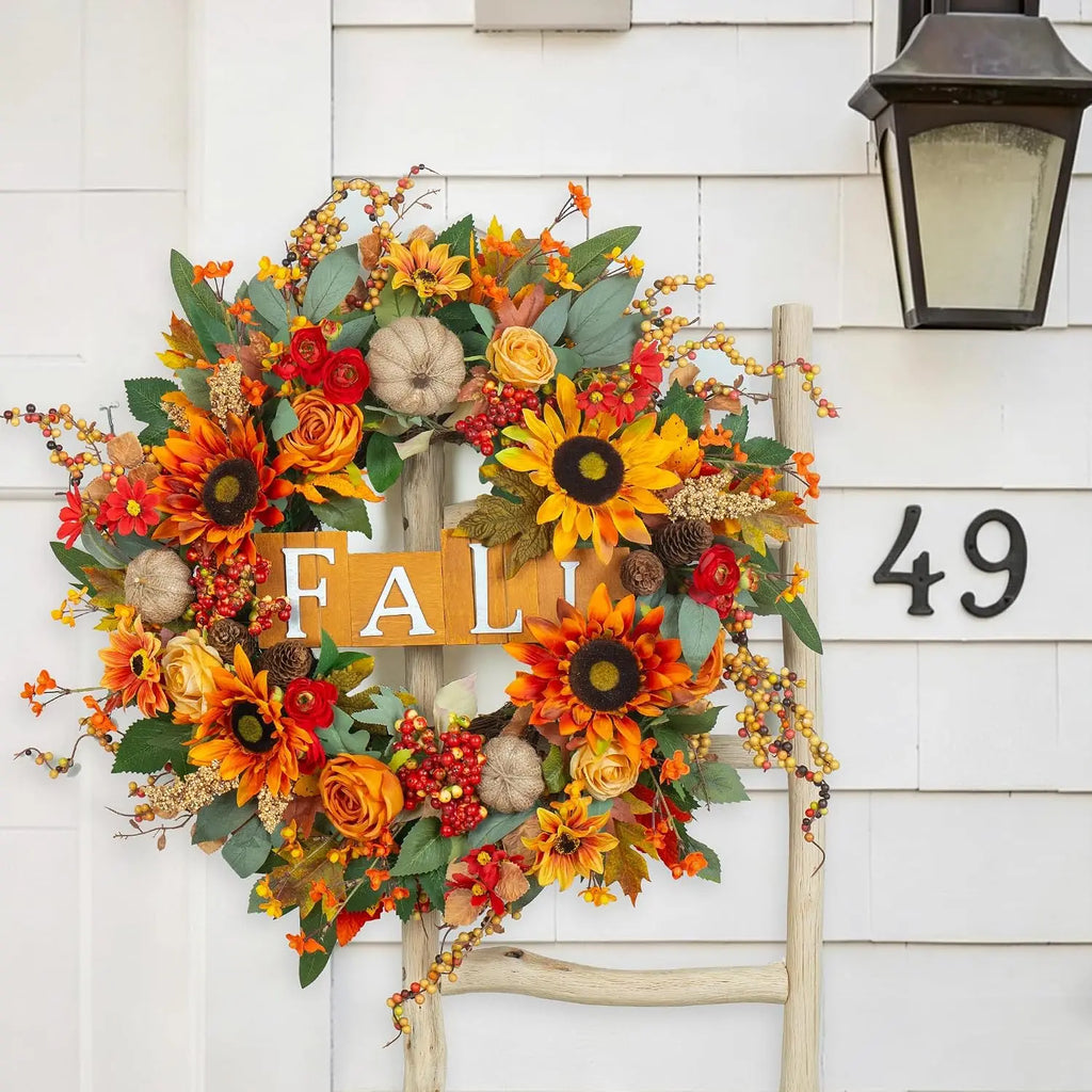 24 Inch Autumn Wreath With Sunflowers Roses Burlap Pumpkins Pinecones Wooden Sign