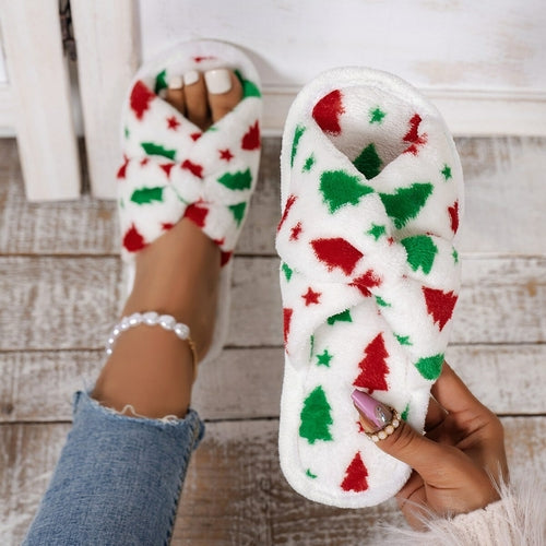 Christmas Tree Pattern Furry Bedroom Slippers - jenshomeandgardendecor