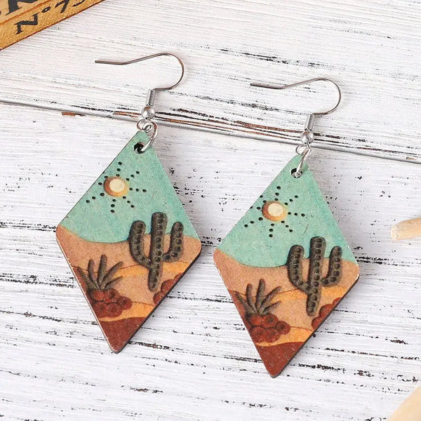 Wood Cactus Desert Scene Earrings - jenshomeandgardendecor