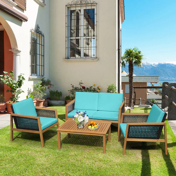 4PCS Patio Rattan Furniture Set Acacia Wood Cushioned Sofa Turquoise - jenshomeandgardendecor