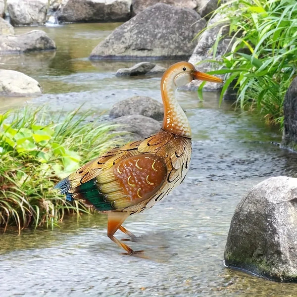 Rustic Outdoor Duck Statue, Metal Bird Yard Art