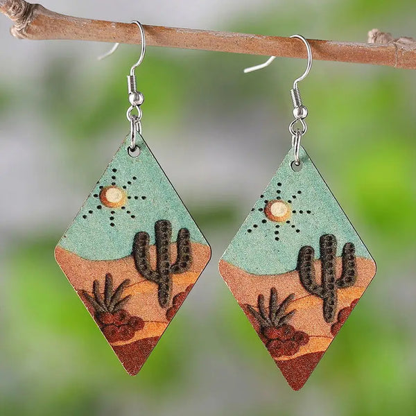 Wood Cactus Desert Scene Earrings - jenshomeandgardendecor