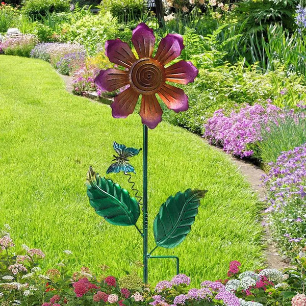 Flower Stakes Iron Outdoor Decor Landscape Garden Art with Dragonfly Butterfly Bee Ornaments Yard Flower Sticks for Spring Patio - jenshomeandgardendecor