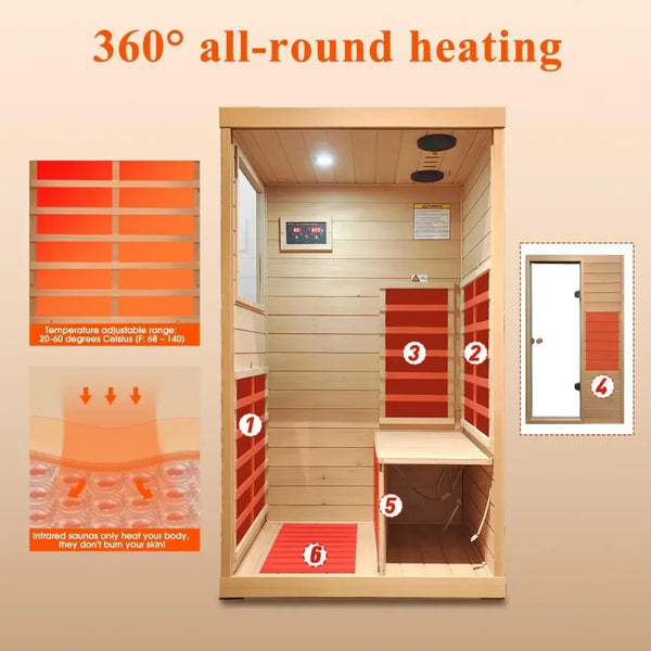 1 Person Far Infrared Sauna for Home, 2 Bluetooth Speakers, 1 LED Reading Lamp