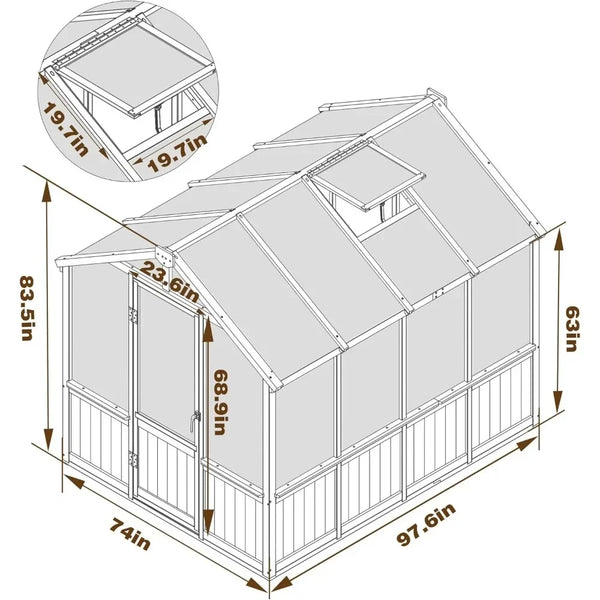 Wooden Polycarbonate Greenhouse with Ventilated Window and Lockable Door