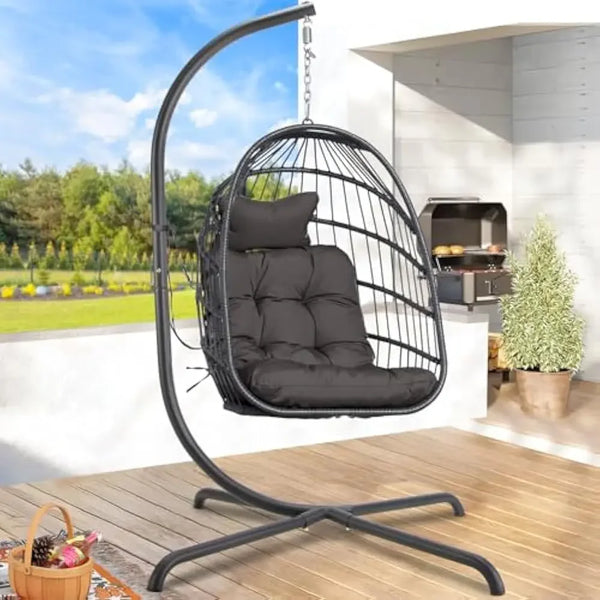 Outdoor Swing Egg Chair with Stand, 350Lbs Heavy-Duty Wicker Egg Hanging Patio Chairs W/Thick Cushion