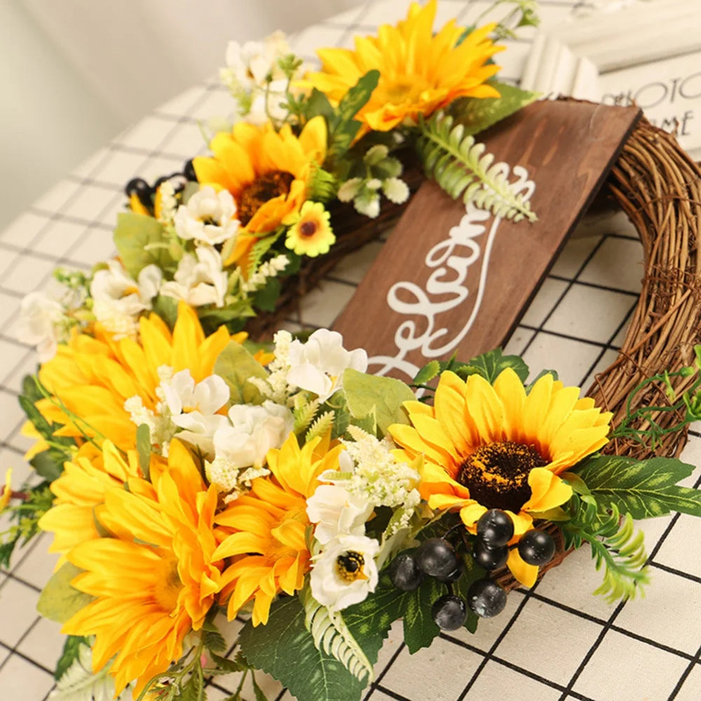 Sunflower Wreath For Front Door Yellow Decorative Summer Floral Door Wreath Welcome Sign Wall Home Decoration