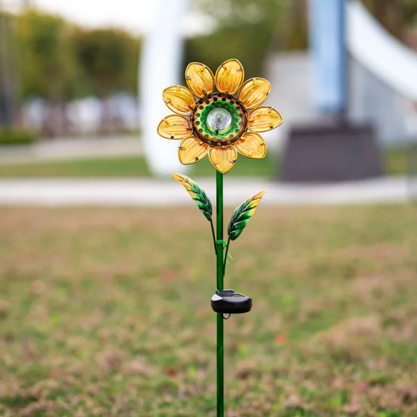 30.3" Sunflower Solar Powered Glass Garden Stakes (4 Pieces) - jenshomeandgardendecor