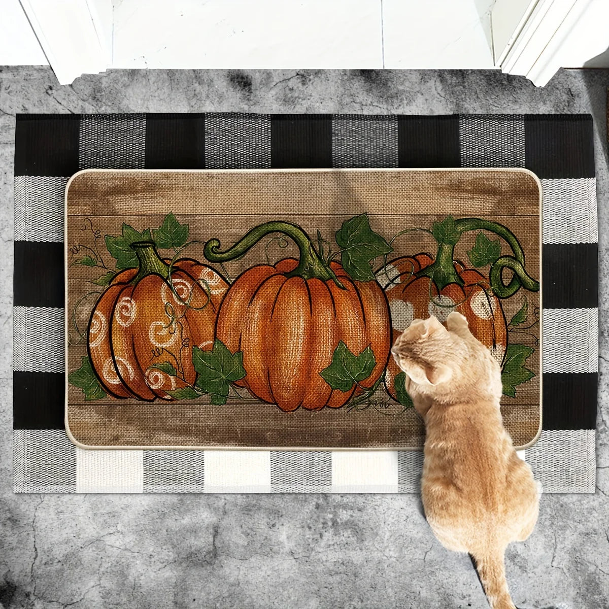 Autumn Pumpkin Wood Grain Dot Doormat