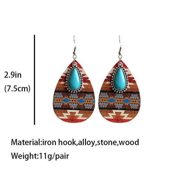 Aztec Pattern Wood Turquoise Teardrop Earrings - jenshomeandgardendecor