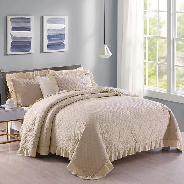 3 Piece Quilt Set Queen,Stone Washed Microfiber Bedspread Coverlet,Beige 88"x92" - jenshomeandgardendecor