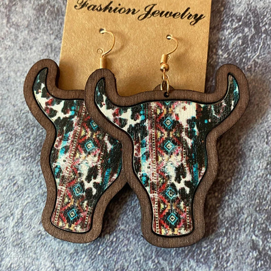 Western Jewelry Wooden Cowhead Earrings