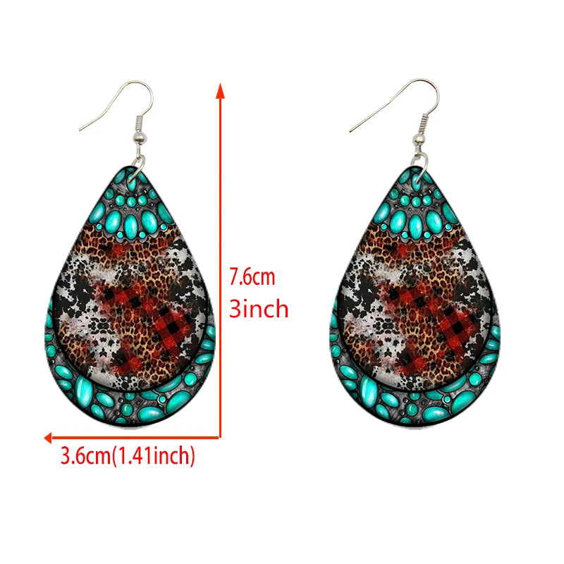 Colorful Turquoise Print Waterdrop Shaped Wooden Earrings - jenshomeandgardendecor