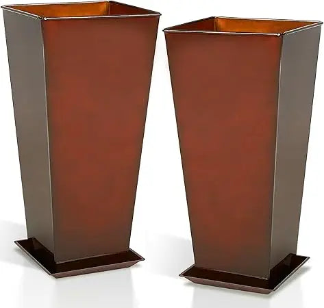 Worth Garden 28" Large Metal Glazed Planter Set of 2, Luxurious Glossy Finish Red Tall Square Tapered Steel Plant Pots