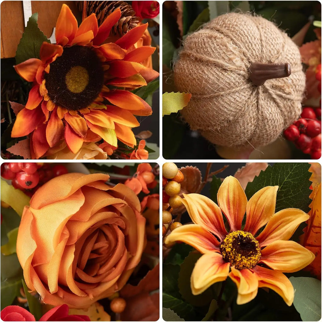24 Inch Autumn Wreath With Sunflowers Roses Burlap Pumpkins Pinecones Wooden Sign