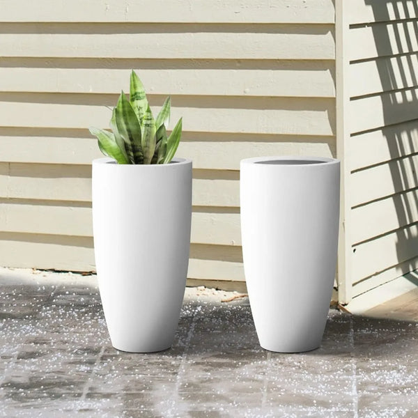 23.6” H Pure White Concrete Tall Planters (Set of 2) - jenshomeandgardendecor