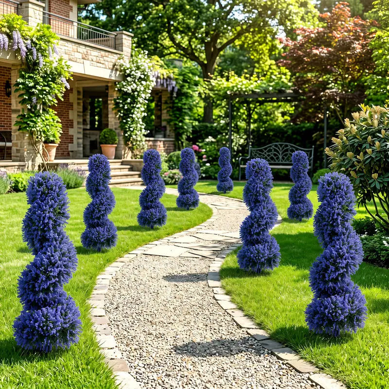 Set of 2 Artificial Spiral Topiary Trees with Sun Protection and Ground Spikes-Purple