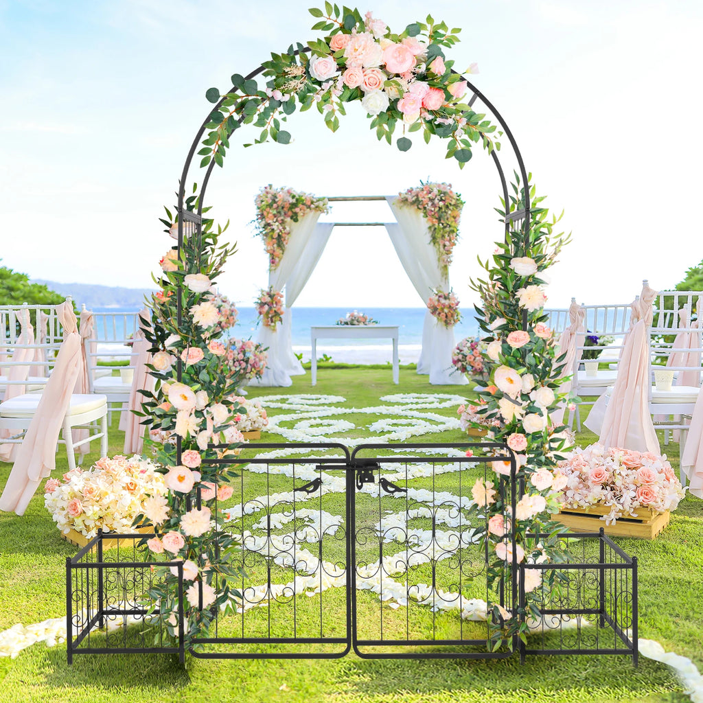 7.2ft Arc Top Wrought Iron Garden Arbor with Double Gate & Side Planting Boxes