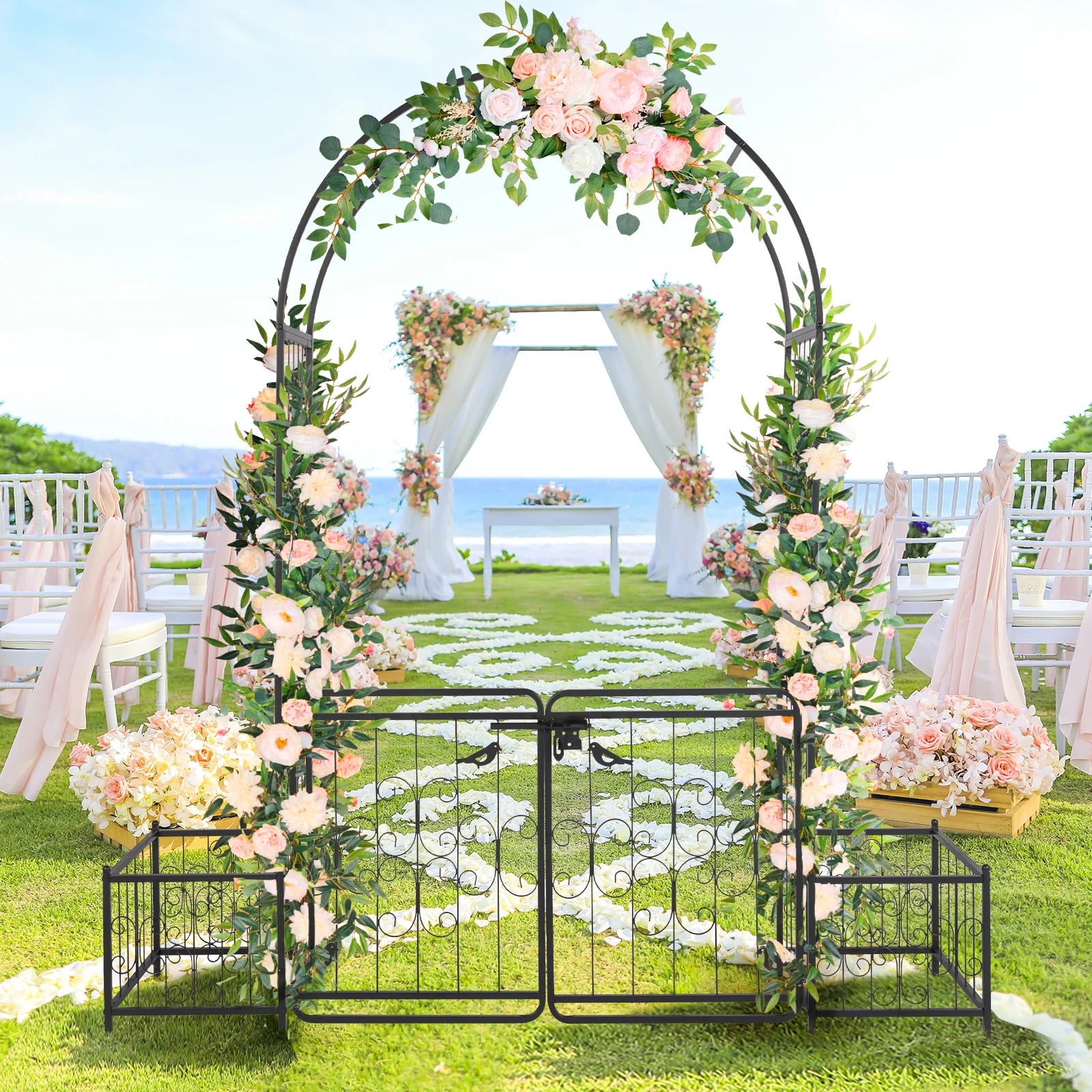 7.2ft Arc Top Wrought Iron Garden Arbor with Double Gate & Side Planting Boxes