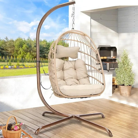 Outdoor Swing Egg Chair with Stand, 350Lbs Heavy-Duty Wicker Egg Hanging Patio Chairs W/Thick Cushion