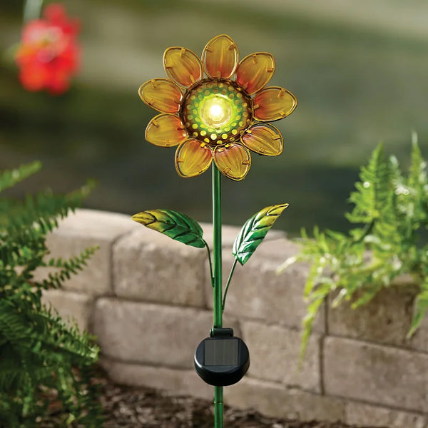 30.3" Sunflower Solar Powered Glass Garden Stakes (4 Pieces) - jenshomeandgardendecor