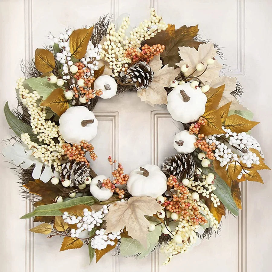 Maple Leaf White Pumpkin Wreath Rattan Set