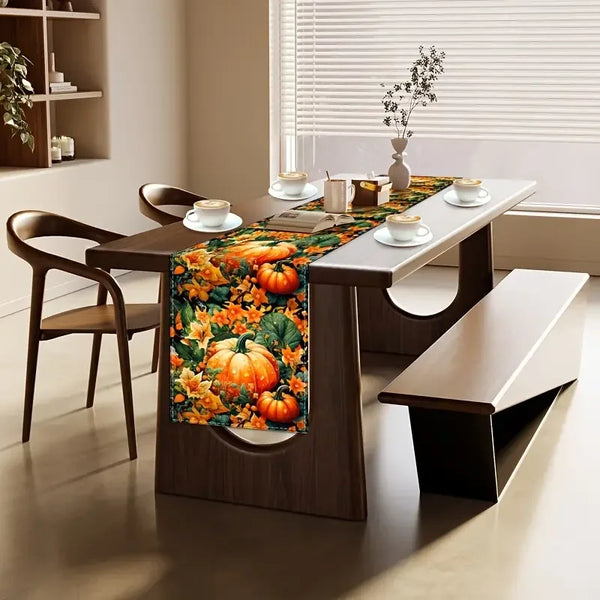 Autumn Pumpkin Floral Table Runner Perfect For Thanksgiving & Halloween Decor