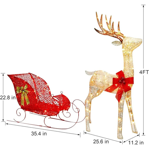 Christmas Yard Decoration, 4 FT120 LEDs Pre-lit 3D Reindeer & Sleigh Outdoor Decorations, Warm White Light Up Glittered Standing - jenshomeandgardendecor