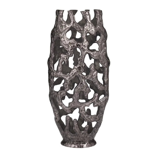 20" Black Aluminum Vase With Cut Out Designs - jenshomeandgardendecor