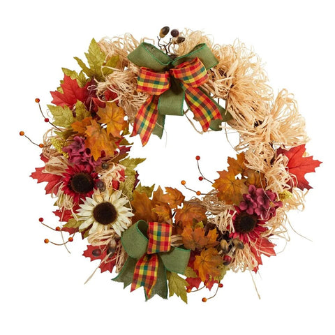 Thanksgiving  Artificial Fall Wreath With Sunflower Berries Maple Leaves - jenshomeandgardendecor