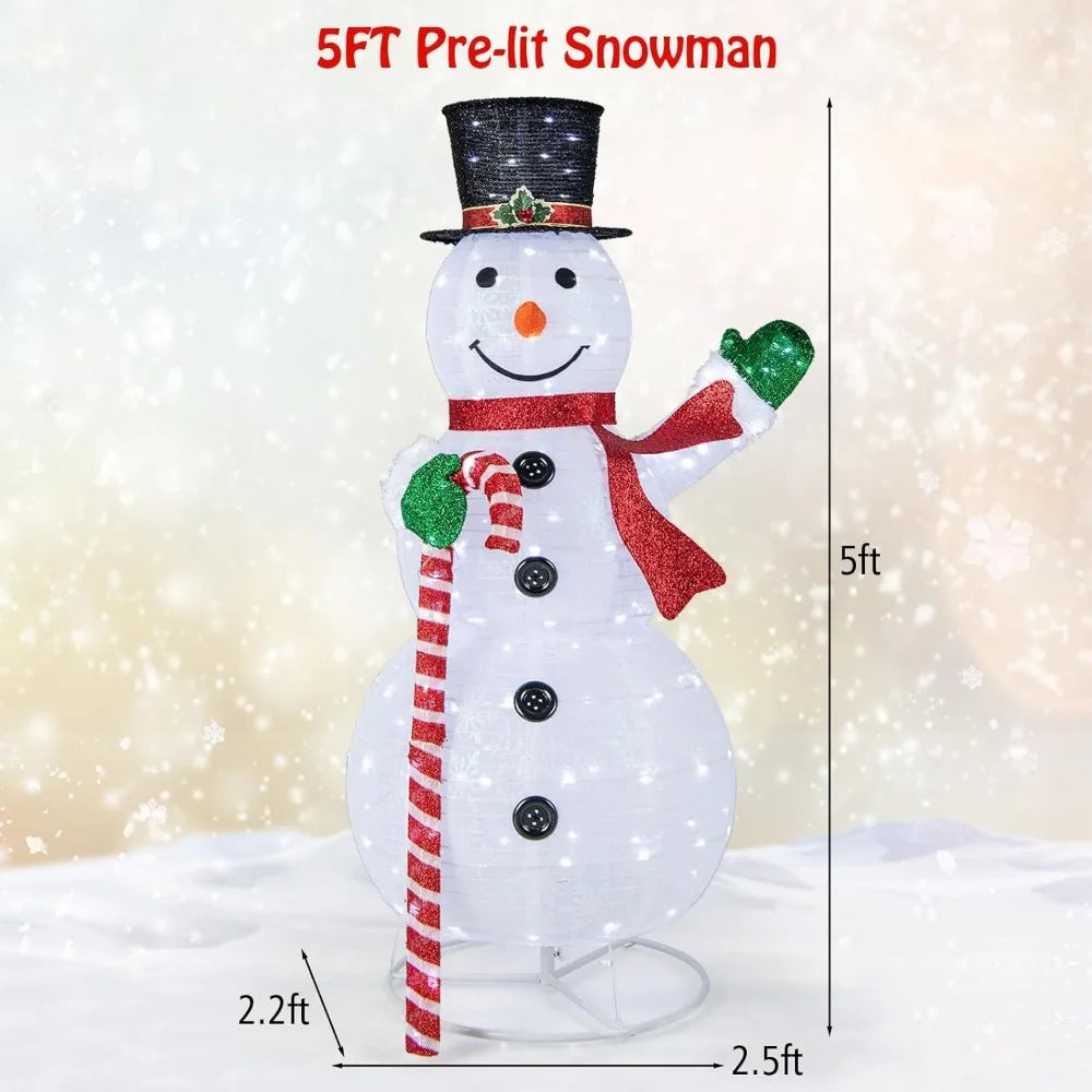 5 FT Pop-up Lighted Christmas Snowman, Large White Pre-lit Christmas Decoration with 180 LED Lights, Hat, Scarf, Indoor Outdoor