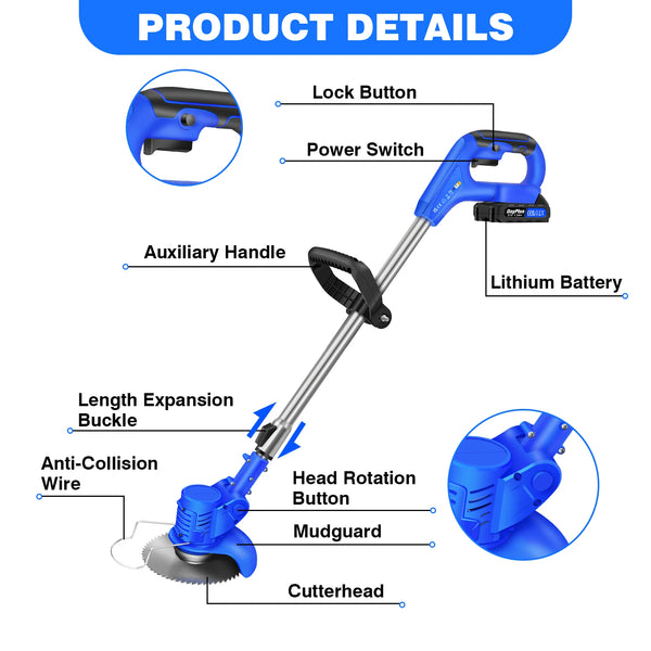 21V Grass Trimmer Electric Cordless Strimmer with 2x Battery