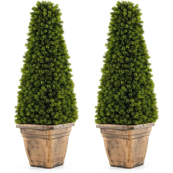 3ft Artificial Boxwood Topiary Tree, 2 Pack Cone-Shaped Faux Potted Plants with Cement Flowerpot