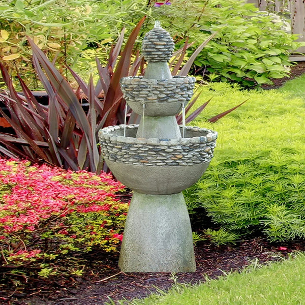 Outdoor Stone-Look 3-Tier Pedestal Floor Fountain, Gray - jenshomeandgardendecor