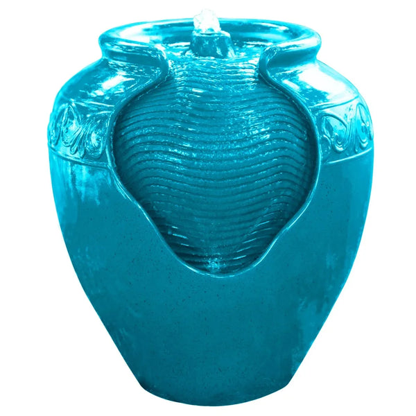 Outdoor Glazed Pot Floor Fountain with LED Light - Teal - jenshomeandgardendecor