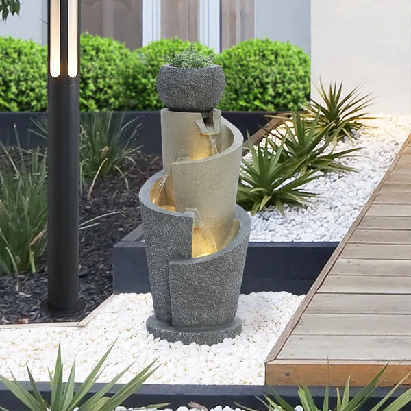 26.6" Resin Cascading Spiral Outdoor Patio Garden Fountain with Lights