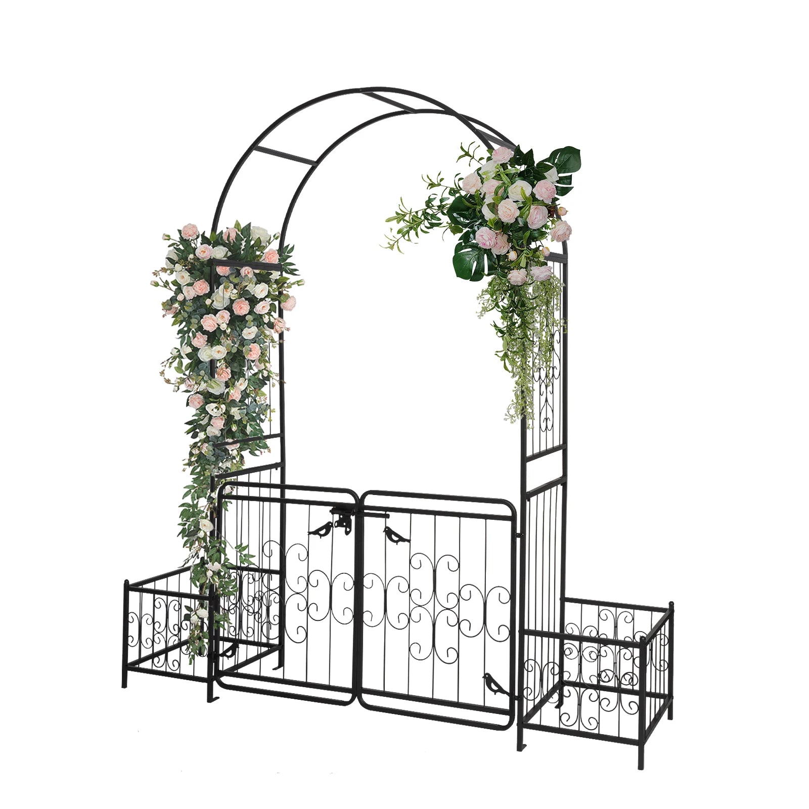 7.2ft Arc Top Wrought Iron Garden Arbor with Double Gate & Side Planting Boxes