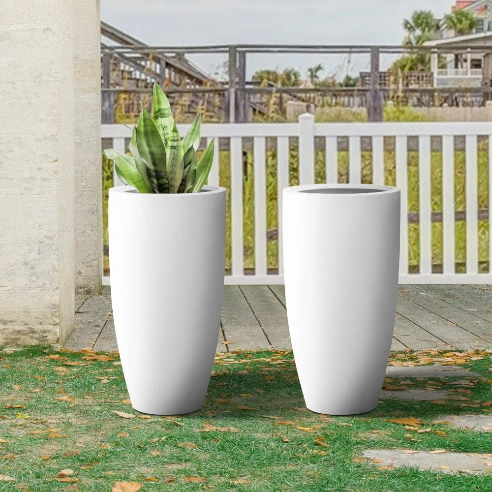 23.6” H Pure White Concrete Tall Planters (Set of 2) - jenshomeandgardendecor