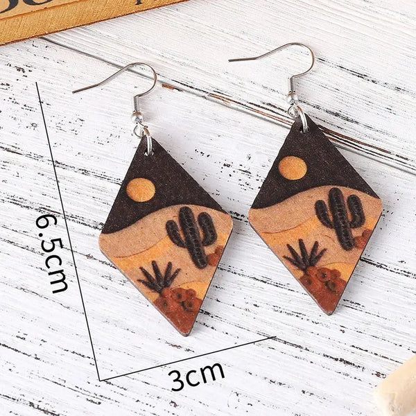 Wood Cactus Desert Scene Earrings - jenshomeandgardendecor